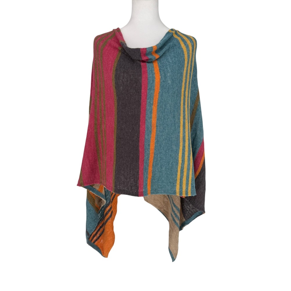 Minnie Rose Multi-Color Striped Linen Blend Poncho Wrap Cowl V-Neck OS